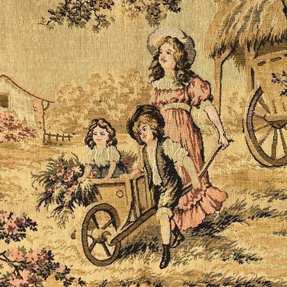 Antique Made in Italy Square Woven Tapestry Wall Decor Kids Playing Gathering - Picture 2 of 7